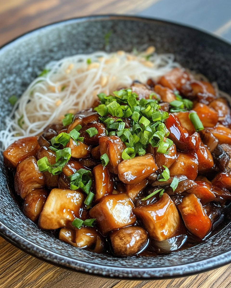 Steam rising from pressure cooker with glass noodles and mushrooms inside
