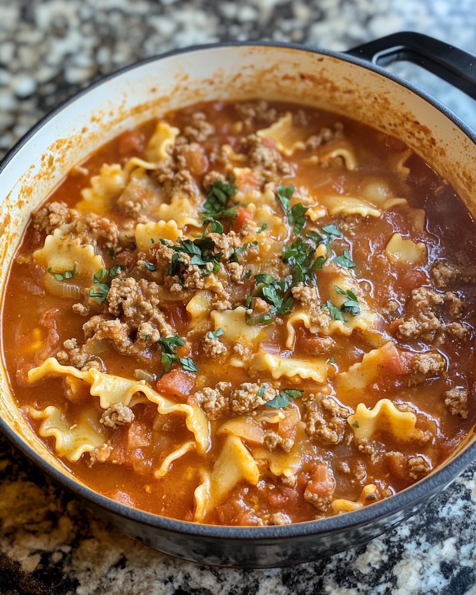 Ingredients and process for one pot lasagna soup preparation