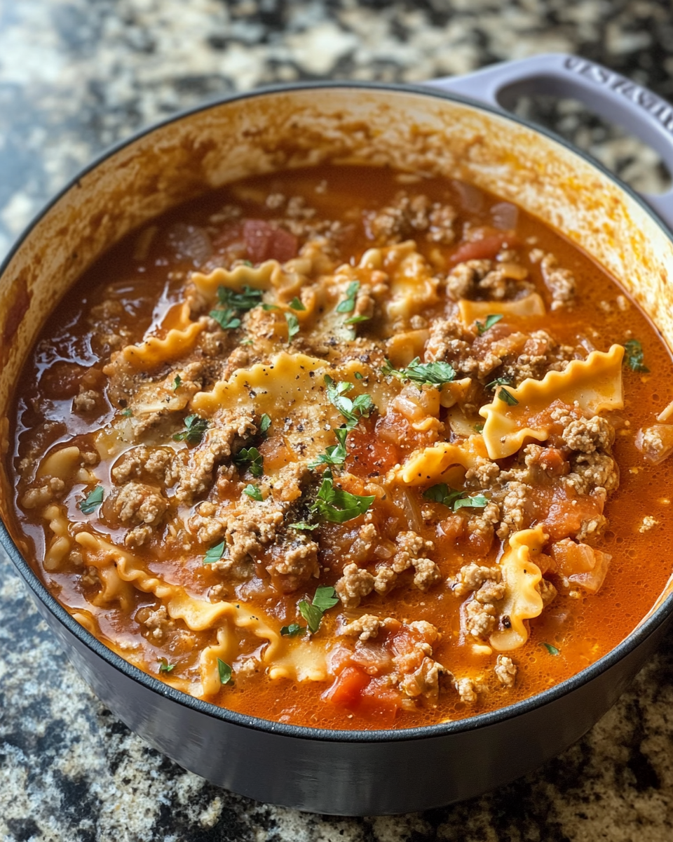 Bowl of one pot lasagna soup served hot and ready to eat