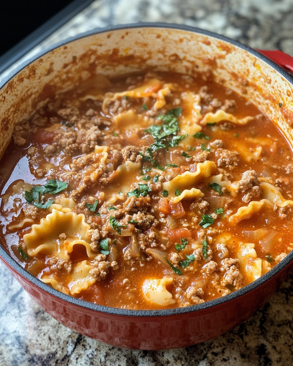 One pot lasagna soup in pressure cooker with steam rising