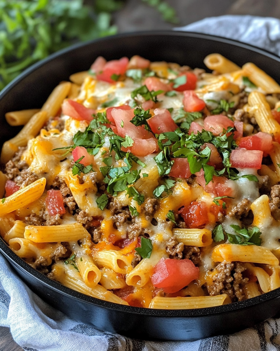 Served one pot taco pasta with melted cheese and garnishes