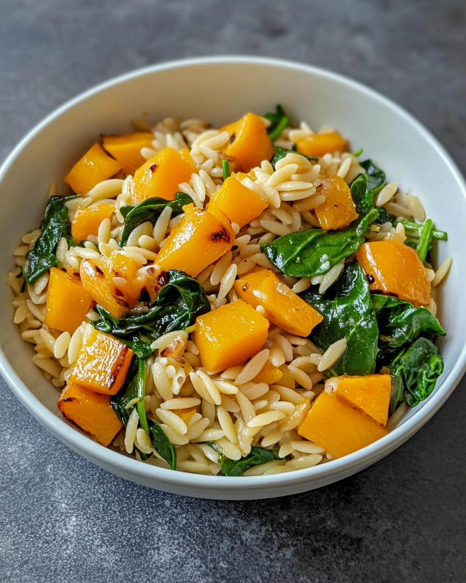 Ingredients for orzo with roasted butternut squash and spinach recipe
