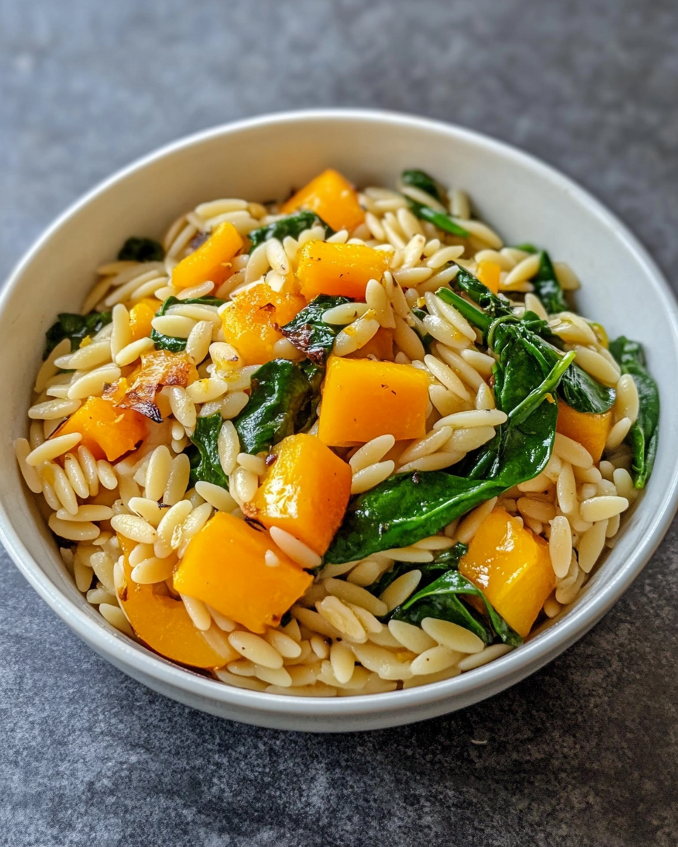 Creamy orzo with roasted butternut squash and spinach ready to serve