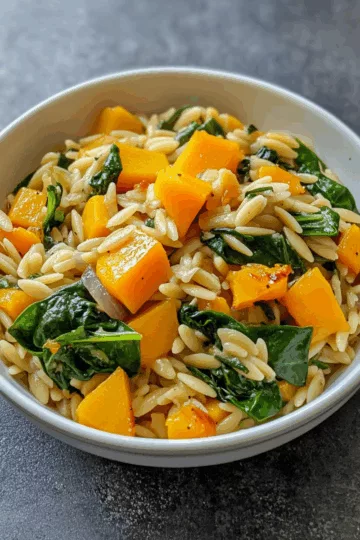 Orzo with Roasted Butternut Squash and Spinach taken with iphone 15 pro max --iw 2 --ar 4:5 --v 6.1 --raw