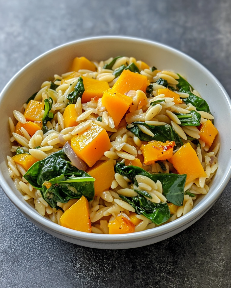 Pressure cooker cooking orzo with roasted butternut squash and fresh spinach