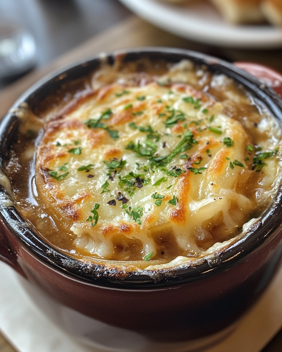 Final Walkabout onion soup served in bowl with melted cheddar and garnish