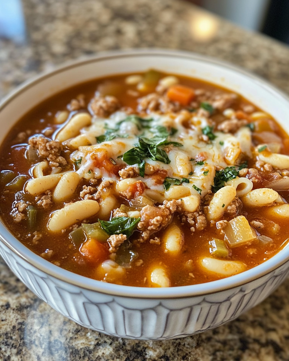 Serving bowl of pasta fagioli soup garnished with fresh parsley and cheese