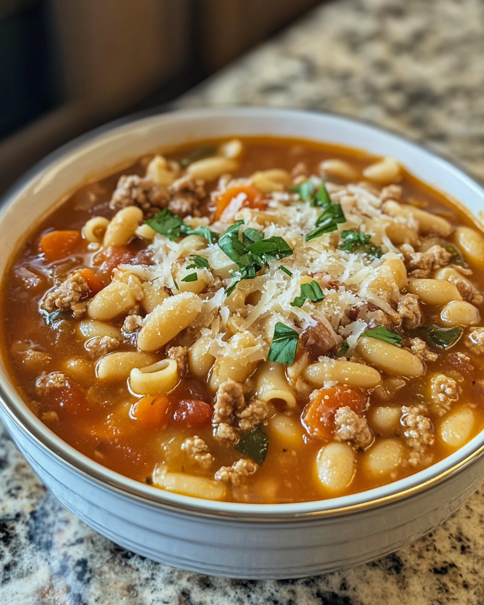 Simmering pasta fagioli soup in a pressure cooker with tender beef and beans