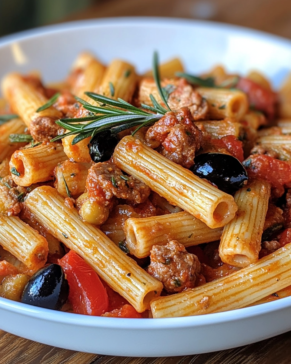 Ingredients for spicy pasta with sausages including garlic, rosemary, olives, and chopped tomatoes
