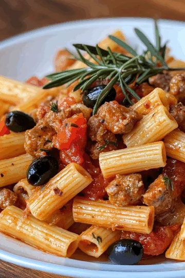 Pasta with Spicy Sausages, Tomatoes, Rosemary and Olives taken with iphone 15 pro max --iw 2 --ar 4:5 --v 6.1 --raw