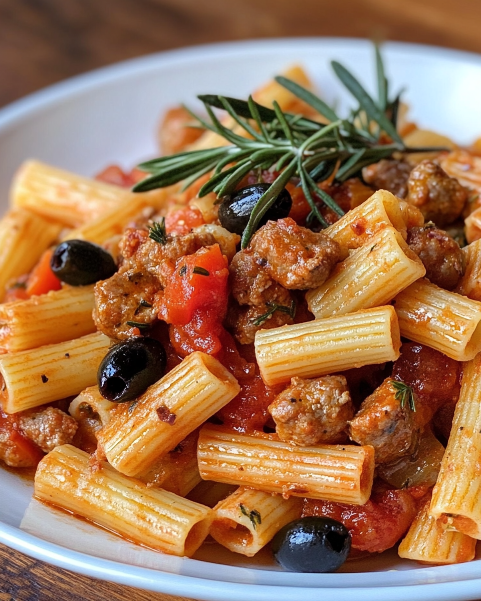 Plate of rigatoni pasta with spicy Italian sausages, tomatoes, rosemary, and olives