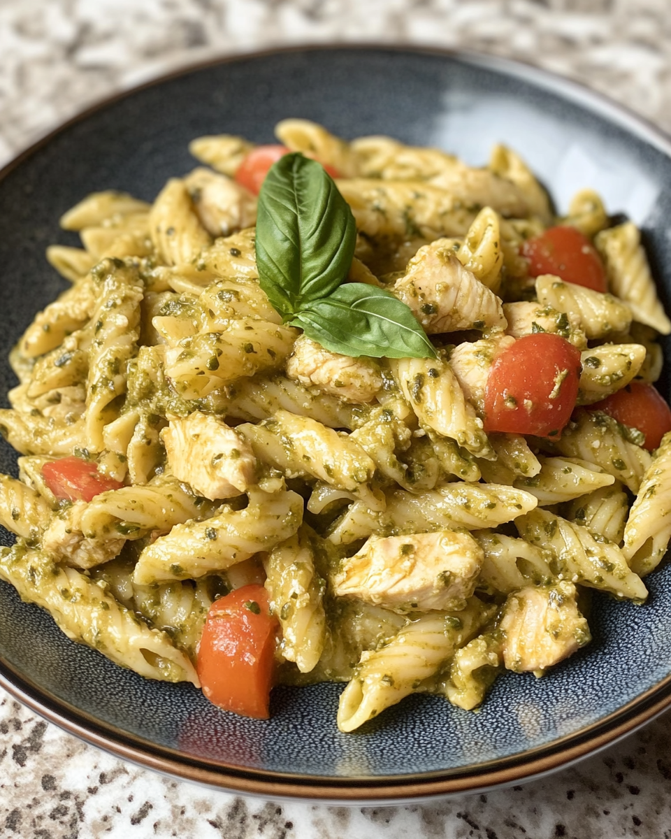 Finished creamy chicken pesto pasta served with fresh basil garnish