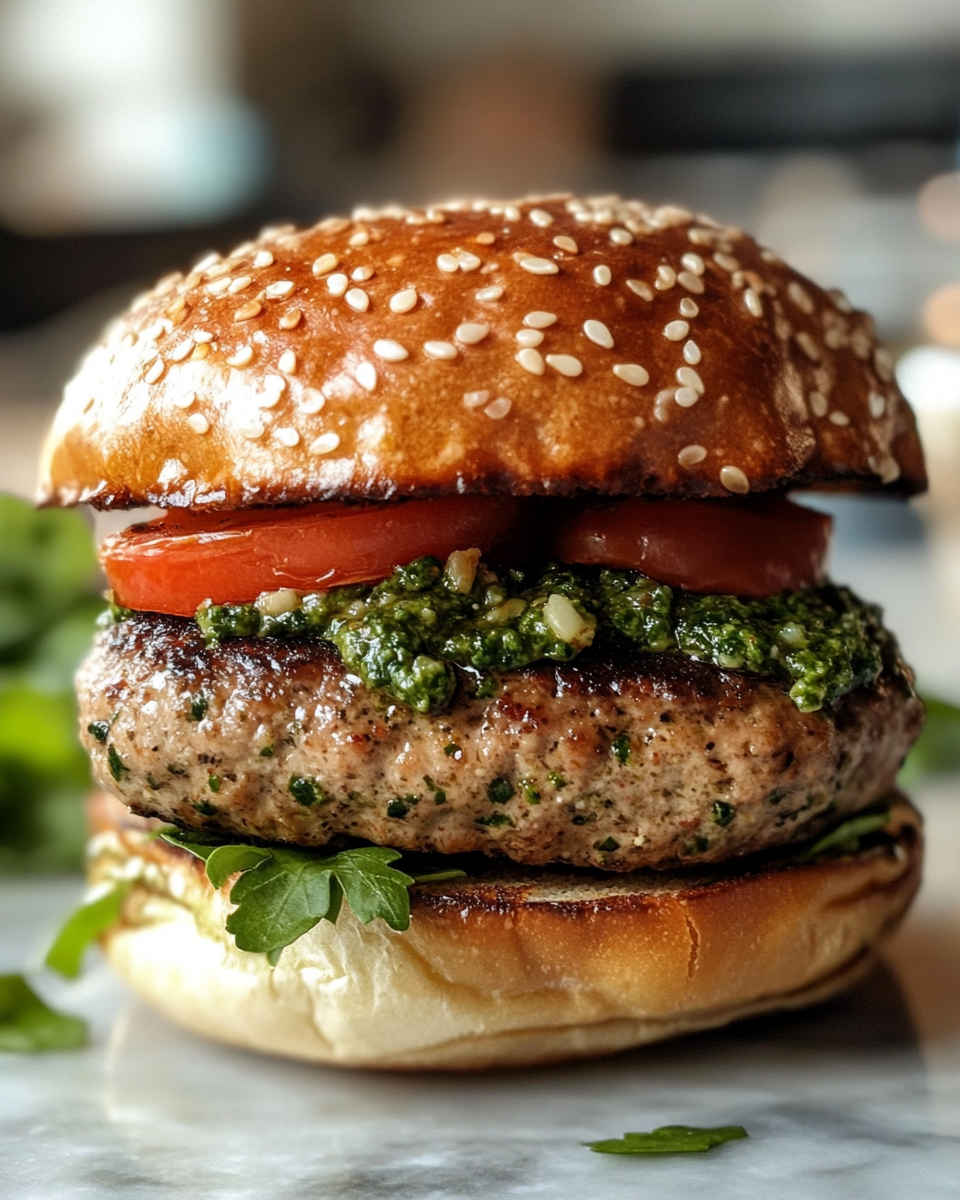 Ingredients for pesto turkey burgers including ground turkey, basil pesto, breadcrumbs, cheese, tomato