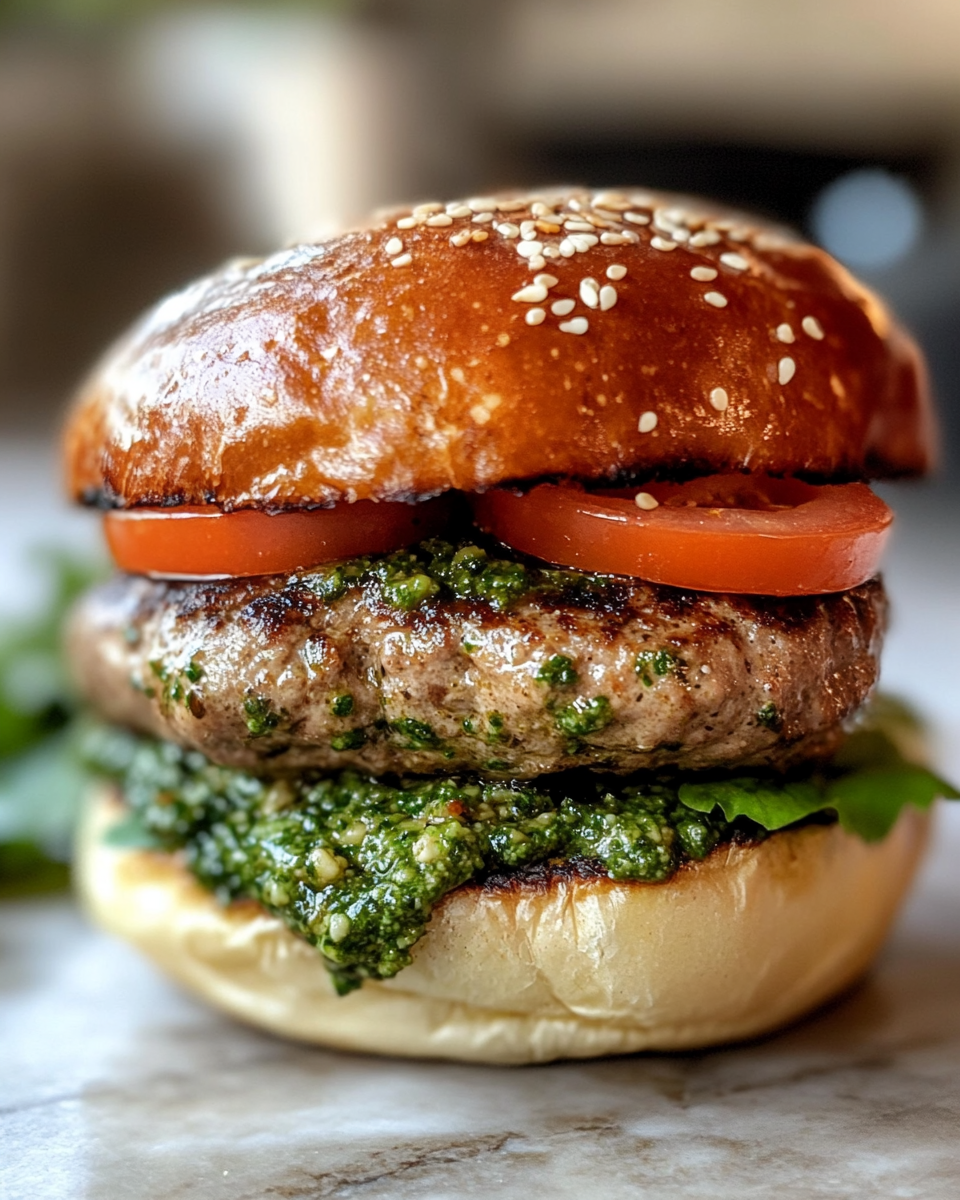 Finished pesto turkey burger served on bun with tomato and melted cheese