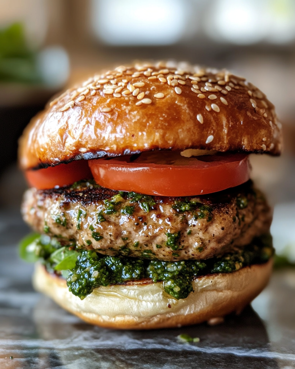 Close up of pesto turkey burger cooking with basil and garlic aroma