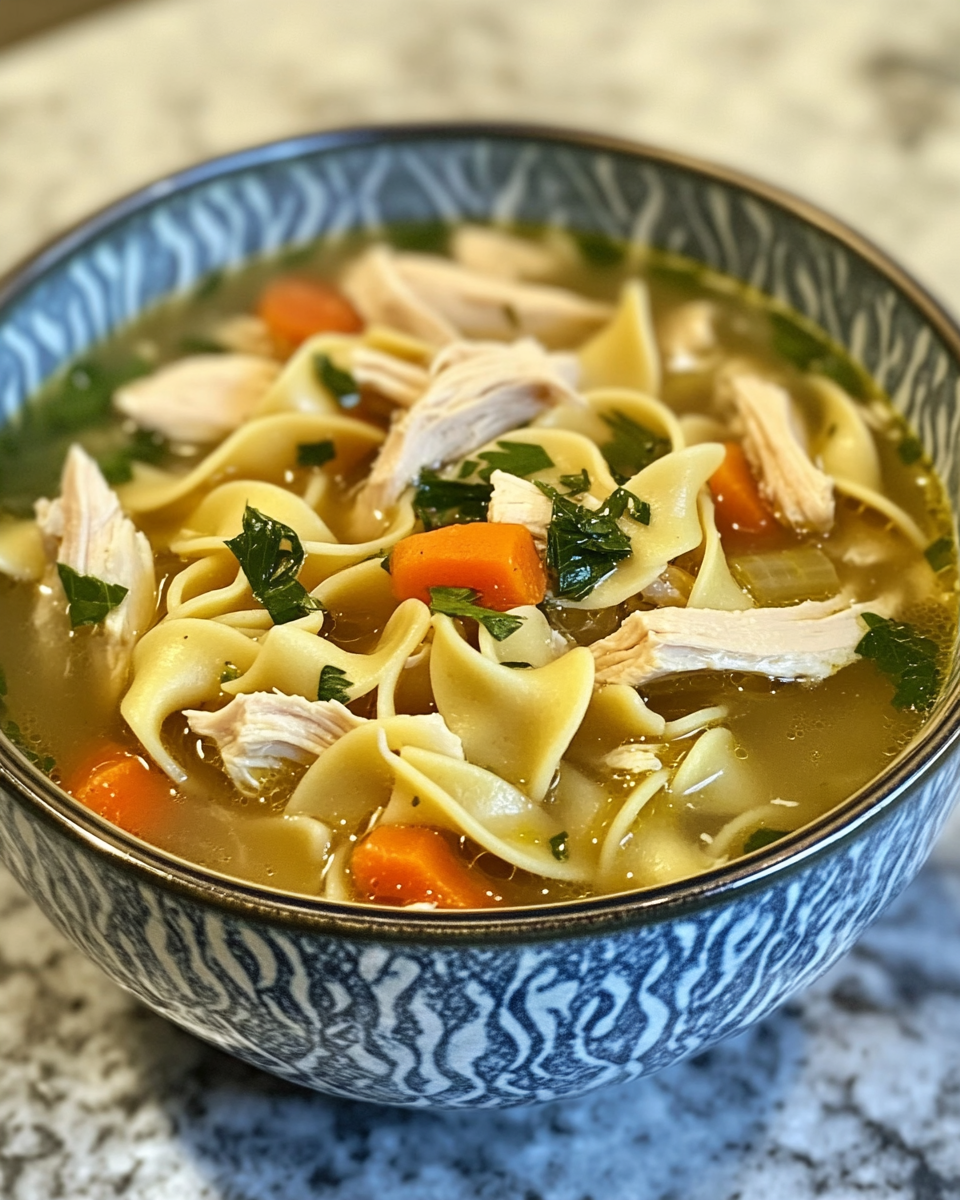 Steam rising from pressure cooker filled with chicken noodle soup