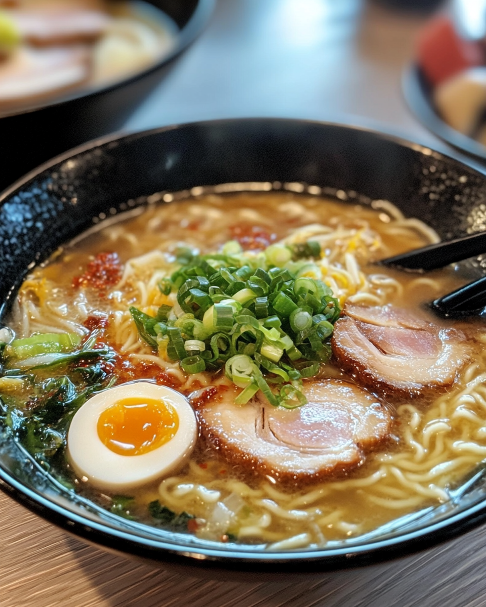 Served bowl of ramen noodle soup garnished with scallions and sesame oil drizzle