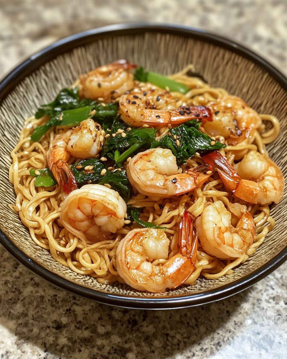 Cooking process with rice noodles and shrimp in a skillet