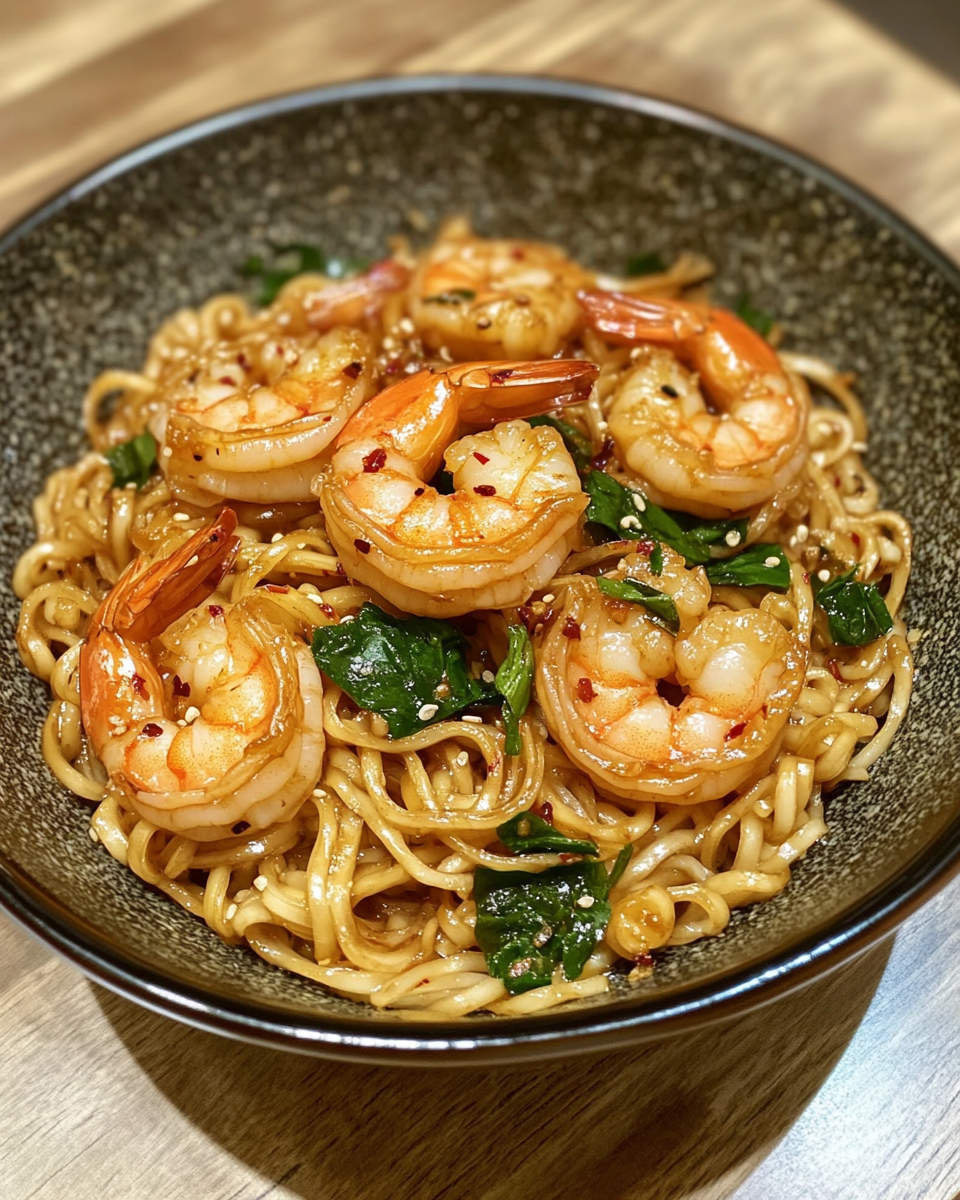 Served dish of creamy shrimp noodles with vibrant garnishes on top