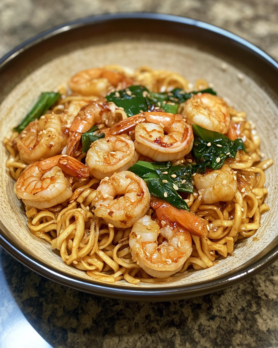 Creamy shrimp and noodles in pressure cooker with garlic and ginger aroma