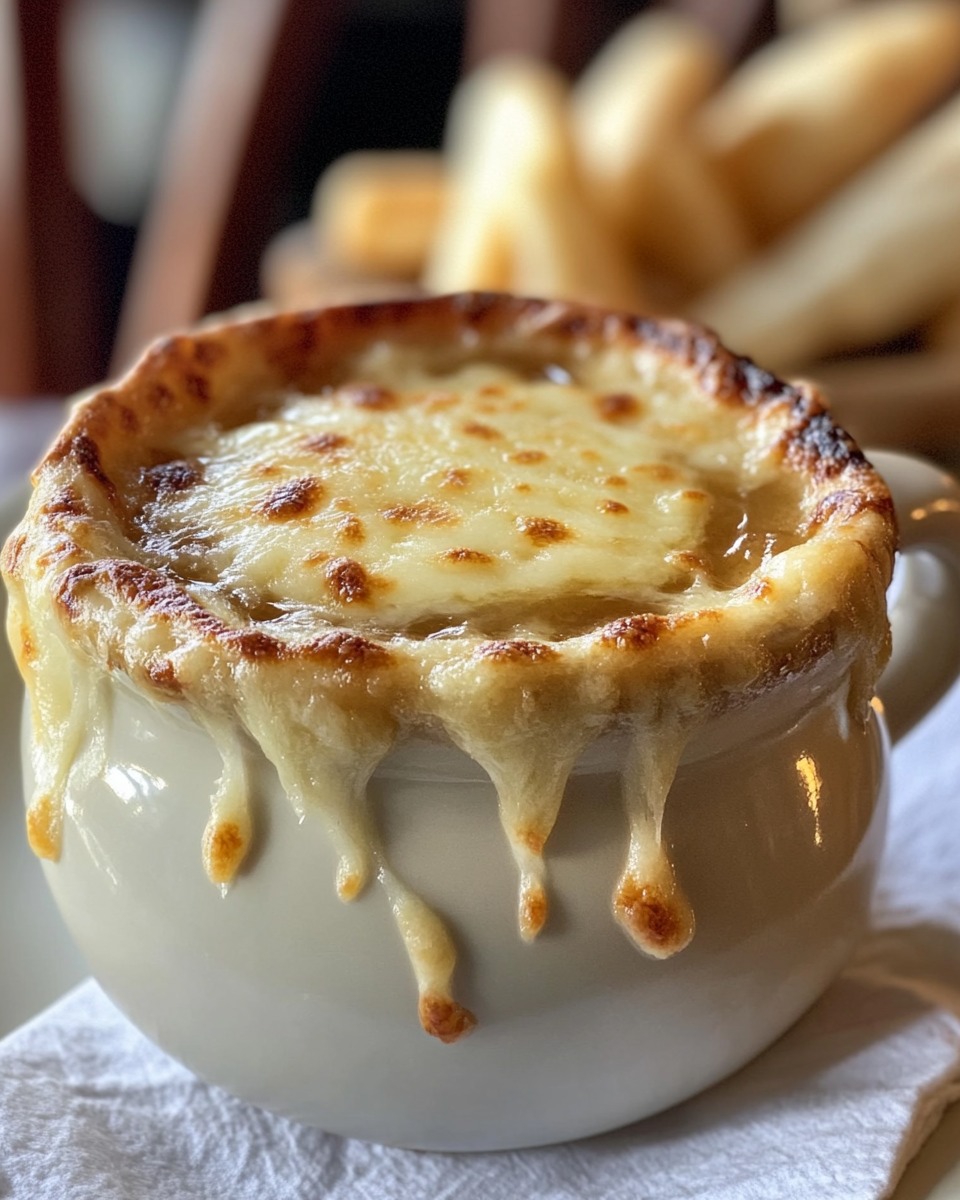 Bowl of finished French onion soup with melted cheese and toasted bread topping