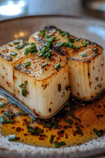 Roast Celeriac with Chive Chilli Oil taken with iphone 15 pro max --iw 2 --ar 4:5 --v 6.1 --raw