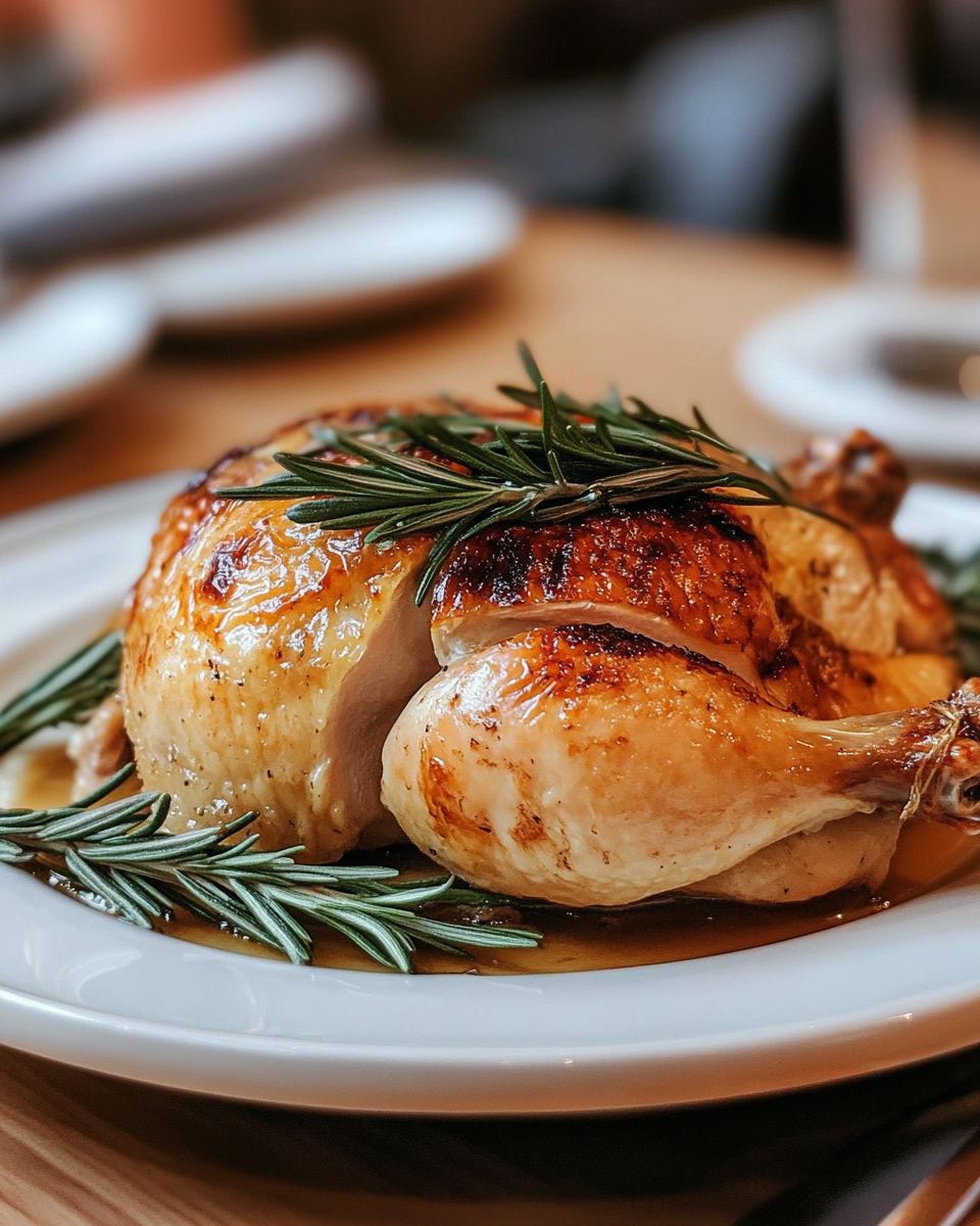 Served maple butter rosemary roast chicken with crispy skin and tender meat