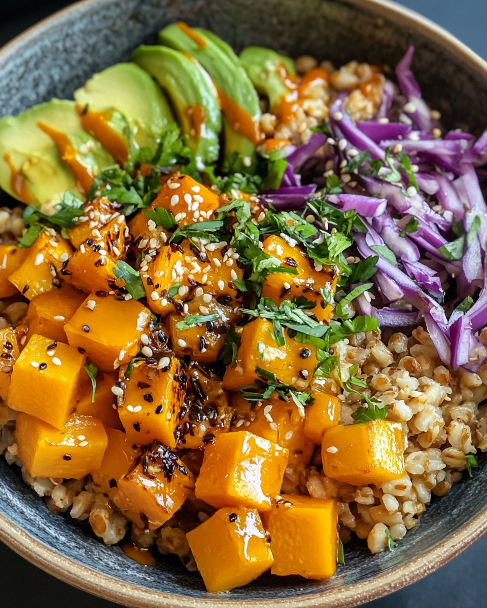 Final plated roasted butternut squash grain bowl with chipotle lime dressing