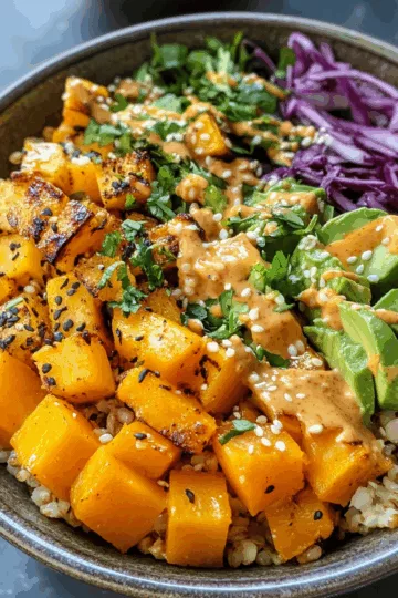 Roasted Butternut Squash Grain Bowl with Hot Honey Dressing taken with iphone 15 pro max --iw 2 --ar 4:5 --v 6.1 --raw