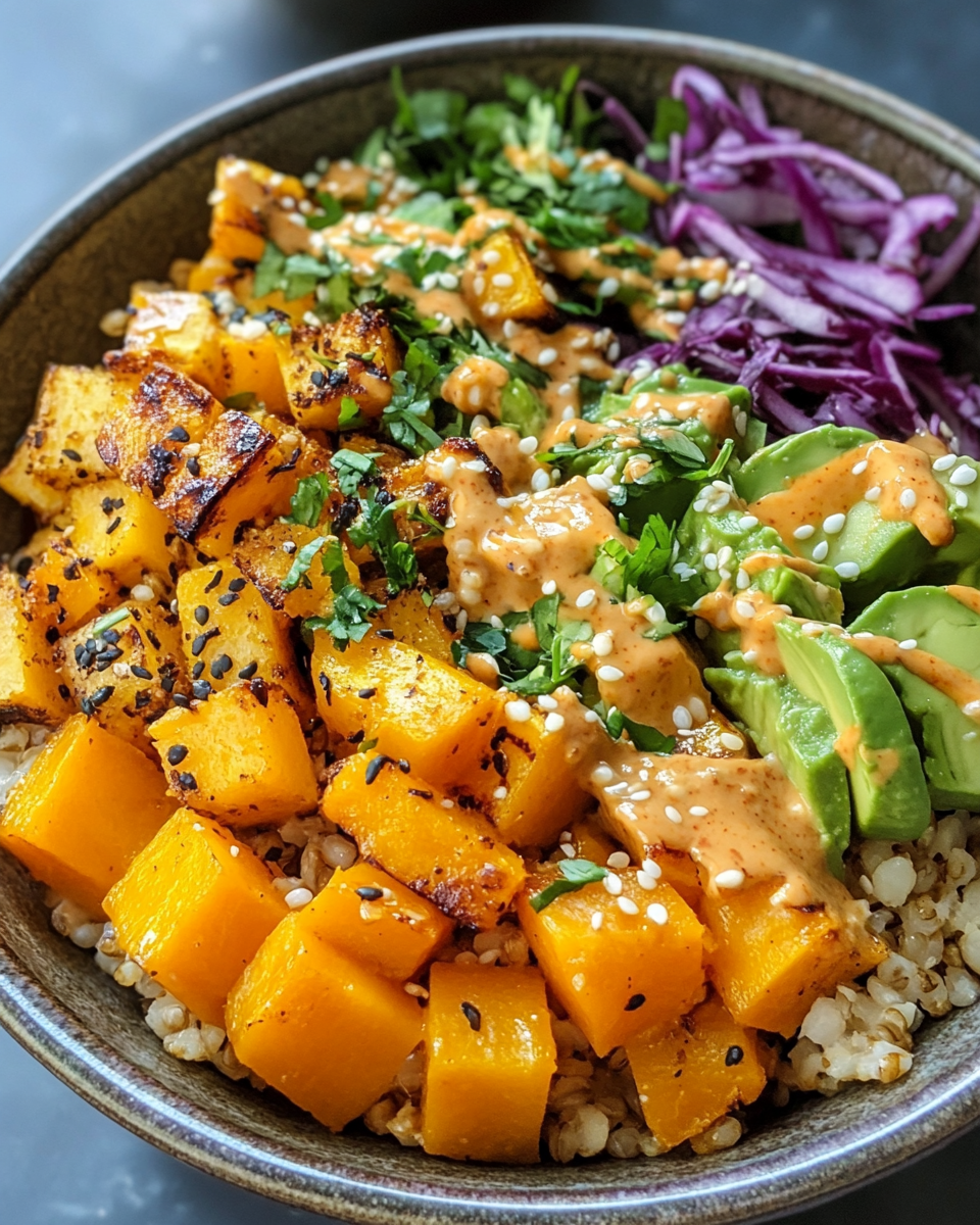 Roasted butternut squash grain bowl fresh from pressure cooker