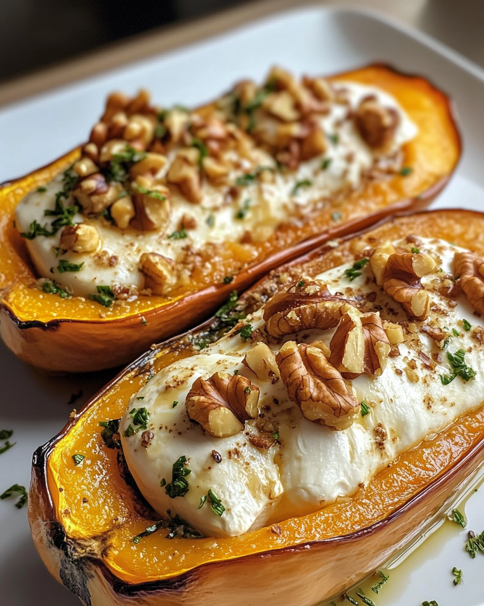 Finished roasted butternut squash slices topped with melted Camembert and crunchy walnuts