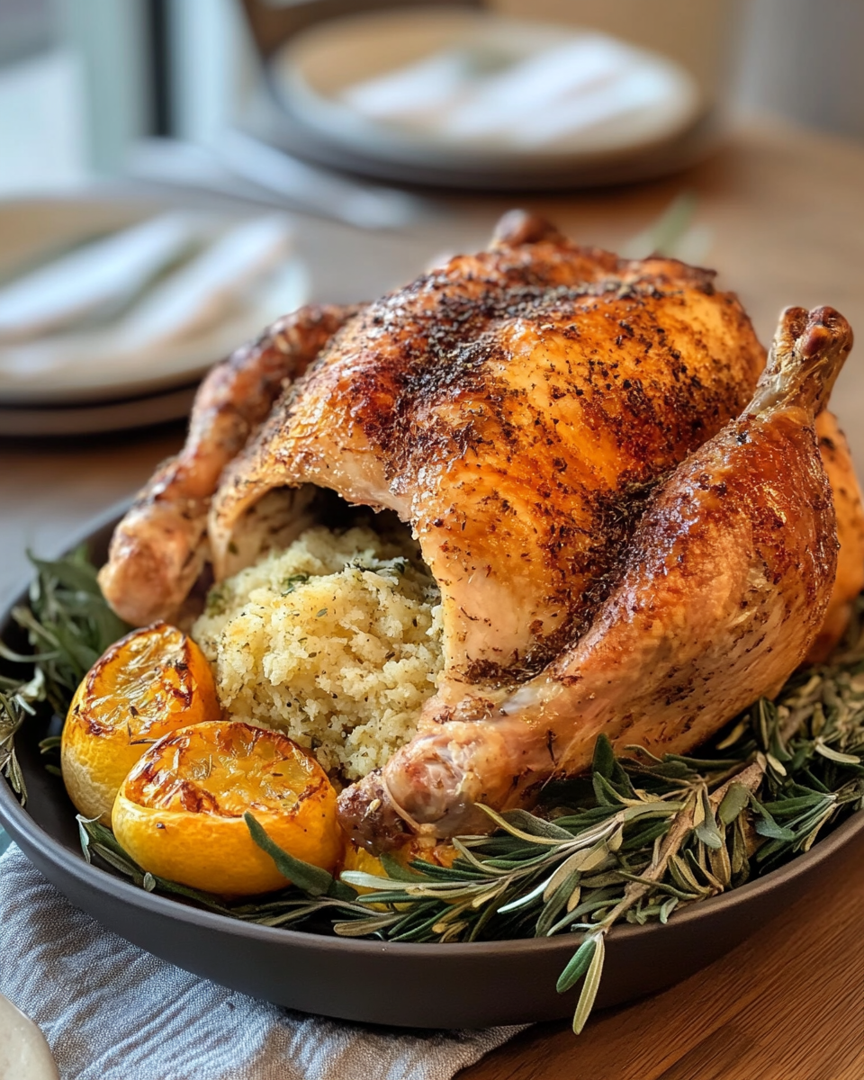 Serving plate of juicy pressure cooker turkey with roasted potatoes and Brussels sprouts