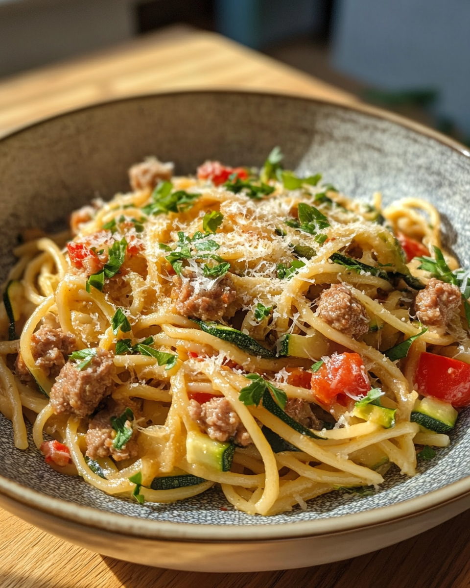 Served creamy courgette pasta with crispy sausage in bowl