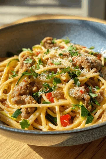 Sausage and Courgette Pasta taken with iphone 15 pro max --iw 2 --ar 4:5 --v 6.1 --raw