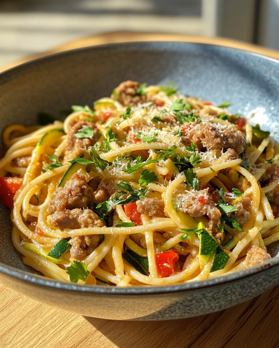 Creamy courgette pasta with crispy sausage cooking in pan