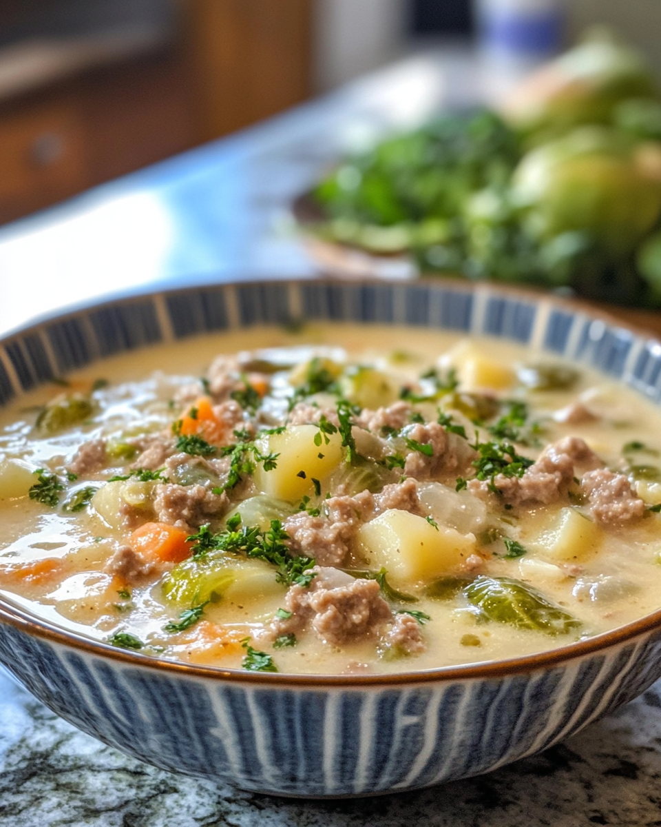 Cooking process showing filtered light on cooking sausage Brussels sprouts potato soup in pressure cooker
