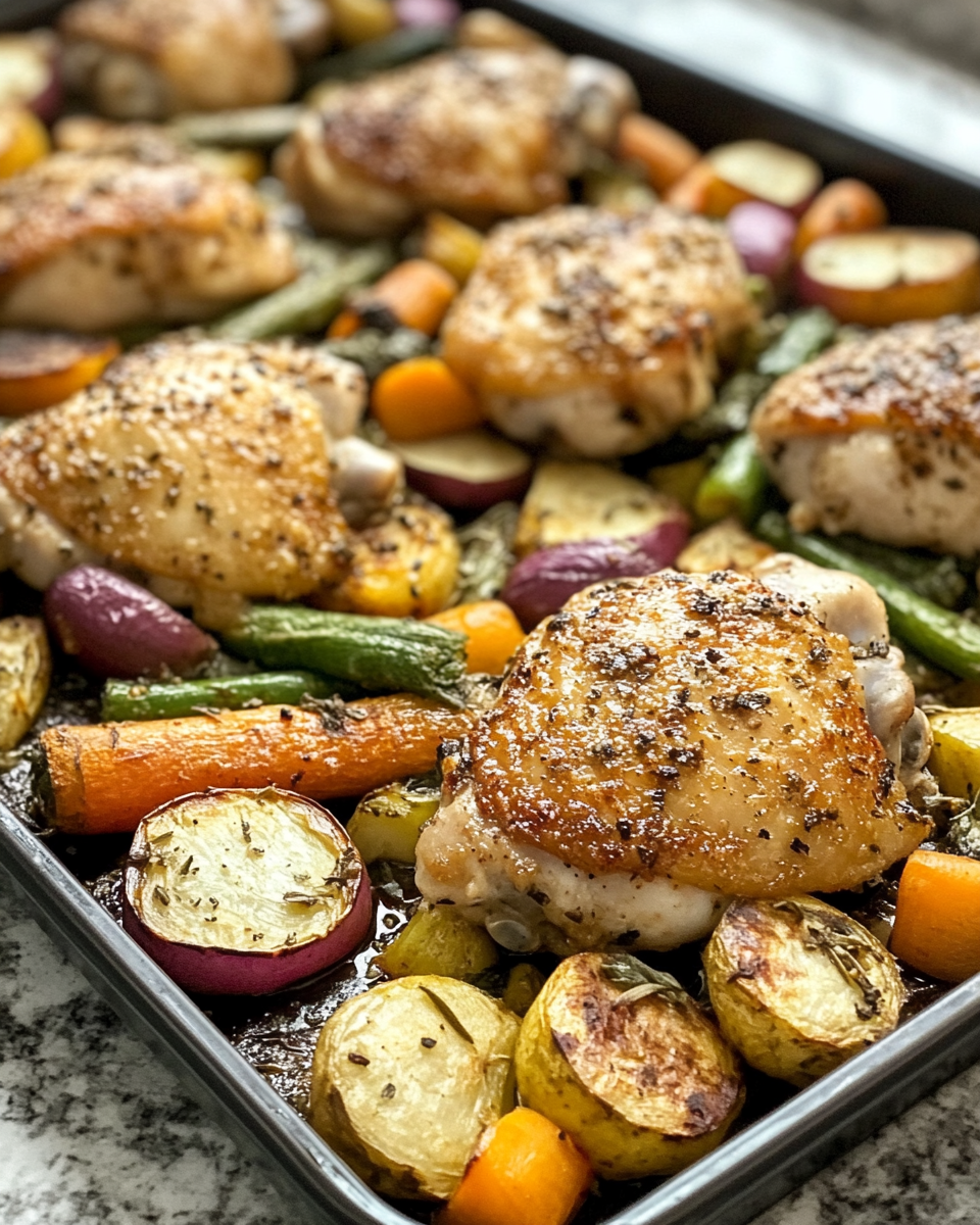 Close-up of plated sheet pan parmesan garlic chicken thighs with veggies
