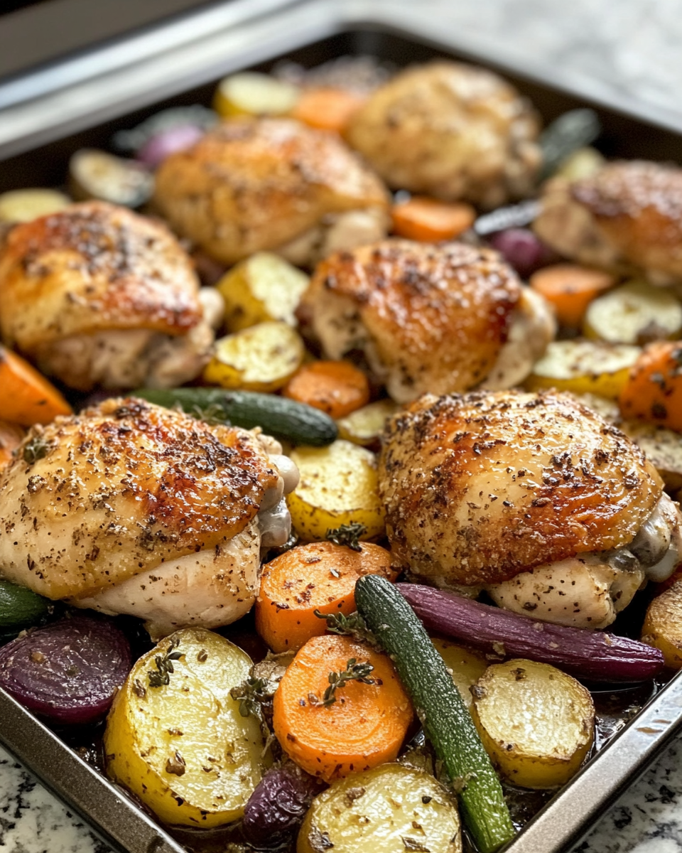 Golden crispy sheet pan parmesan garlic chicken thighs with veggies fresh out of the oven