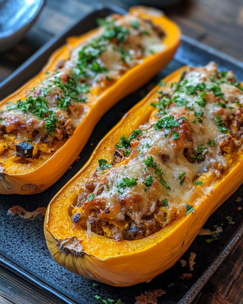 Final presentation of stuffed butternut squash with warm glaze