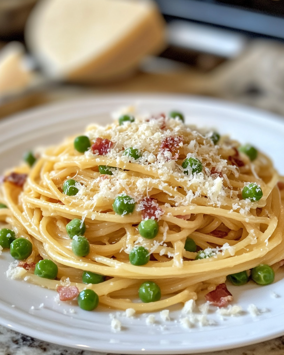 Ingredients of pancetta pasta with peas and parmesan on wooden table