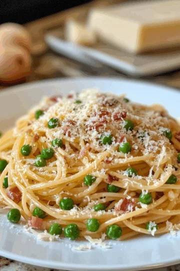 Simple Pancetta Pasta with Peas and Parmesan taken with iphone 15 pro max --iw 2 --ar 4:5 --v 6.1 --raw