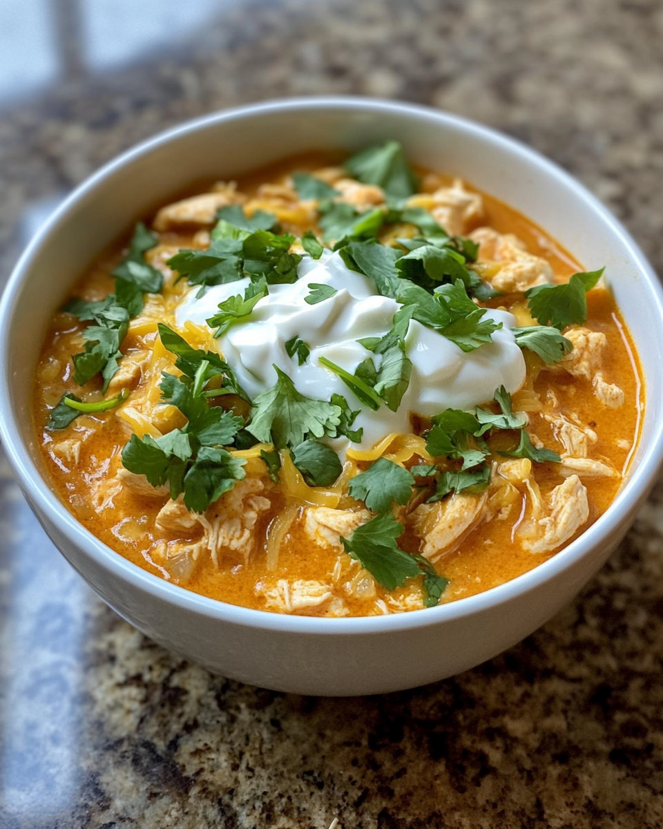 Buffalo white chicken chili cooking in slow cooker with steam rolling out