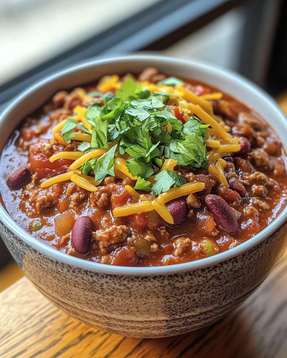 Serving bowl of slow cooker chili topped with shredded cheddar cheese