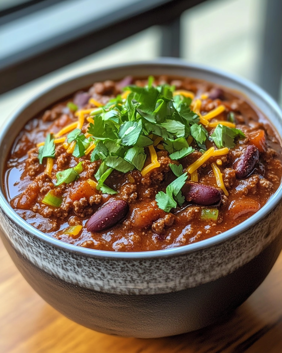 Slow cooker chili simmering with rich spices and ground beef