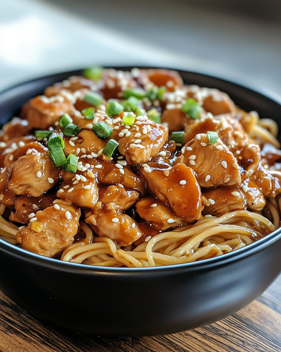 Served honey garlic chicken noodles with scallions and sesame seeds