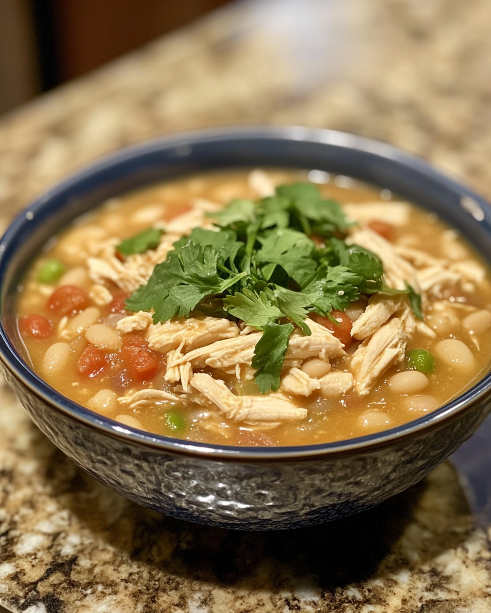 Bowl of creamy slow cooker chicken chili garnished with fresh cilantro