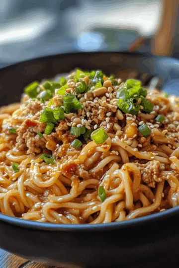 Spicy Peanut Gochujang Noodles with Turkey Mince taken with iphone 15 pro max --iw 2 --ar 4:5 --v 6.1 --raw