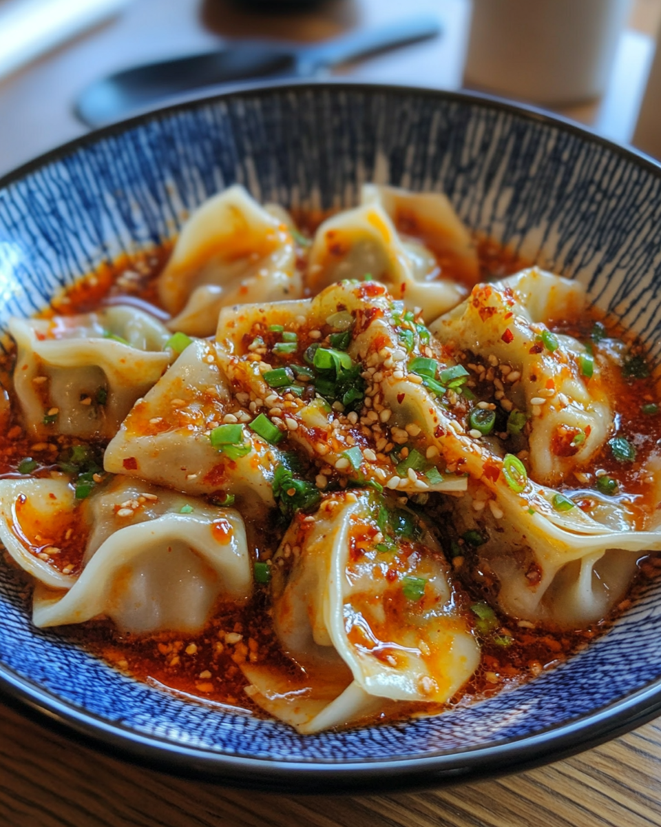 Ingredients and filling for spicy wontons ready to wrap