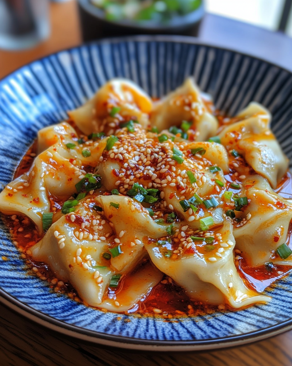 Finished spicy wontons with chili oil and garnishes served hot