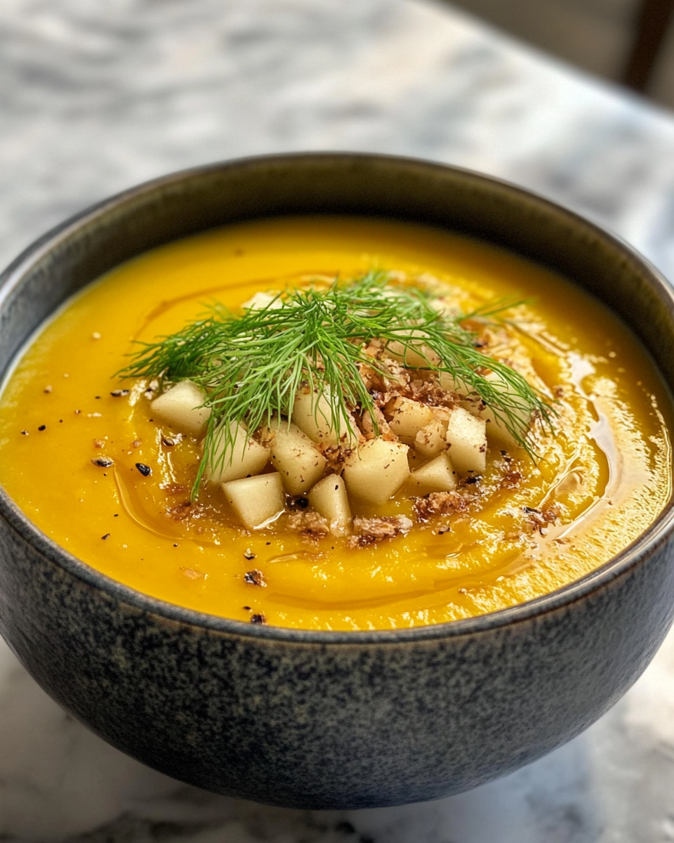 Finished creamy parsnip and fennel soup served in bowl topped with caramelized apples